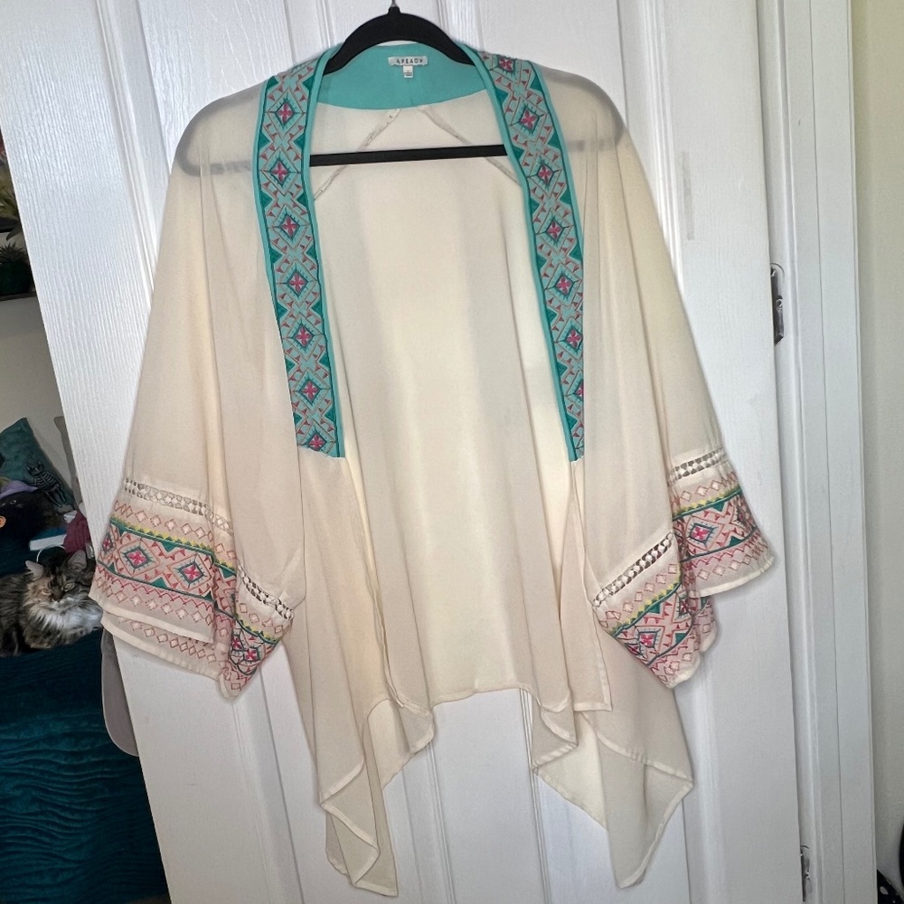 Colorful Kimono Blue and Pink Aztec | Cream Lightweight Flowy Cardigan | Small